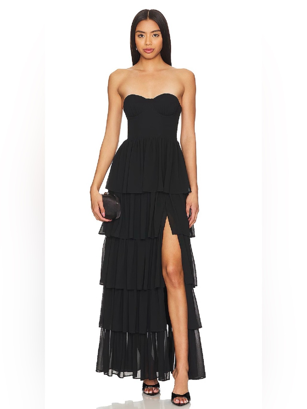 Lovers + Friends Hattie Black Strapless Ruffle Tiered Slit Cocktail Gown S NWT